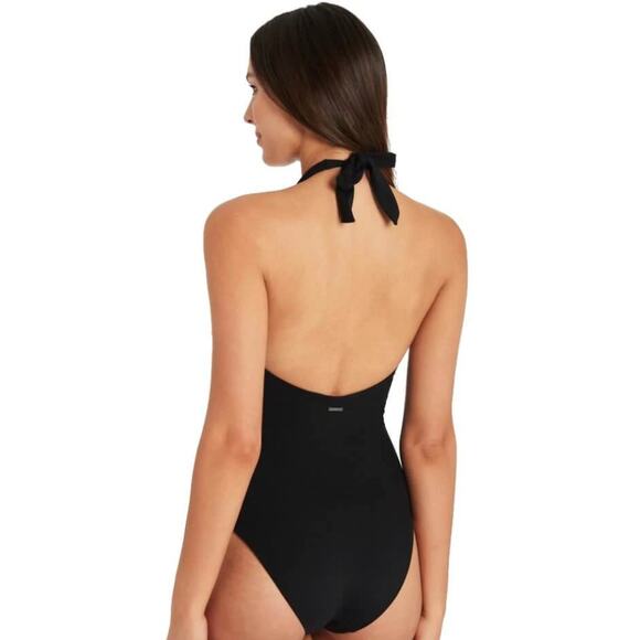 SEA LEVEL Dark Romance Bonded Belt Plunge One Piece Swimsuit Black 10 Halter Bow - Picture 2 of 11